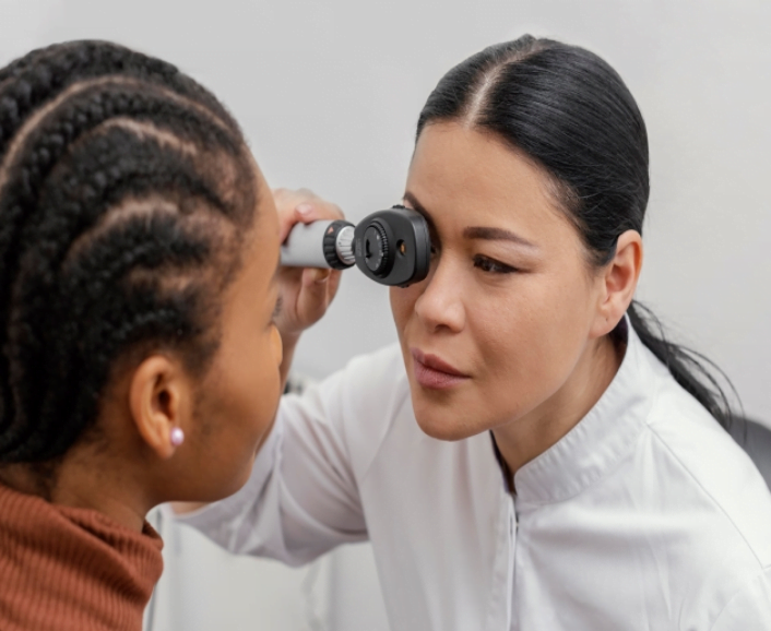 checking eye with machine in hand