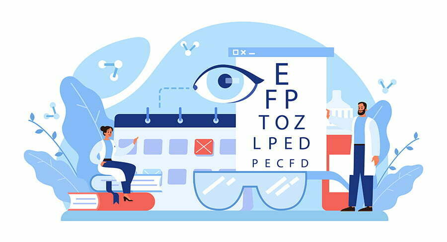 Oculist concept. Idea of eye exam and treatment. Eyesight diagnosis Oculist concept. Idea of eye exam and treatment. Eyesight diagnosis and laser correction. Oculist in the uniform check vision. Vector illustration in cartoon style